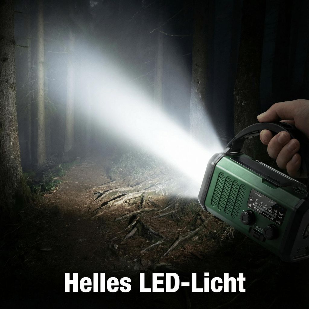 AIORBER LED Taschenlampe 10000mAh mit Solar & Kurbel, Notfallradio AM/FM/WB, SOS Alarm, Powerbank Funktion, Outdoor Camping Lampe – Grün