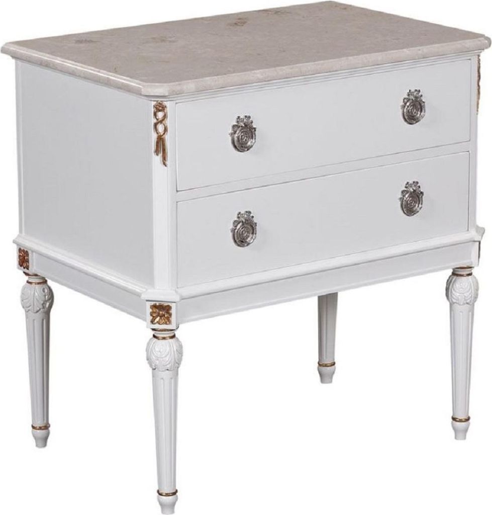 Casa Padrino Luxus Barock Nachtkommode Weiß / Cremefarben / Antik Gold / Silber - Handgefertigter Massivholz Nachttisch mit Marmorplatte - Barock ...