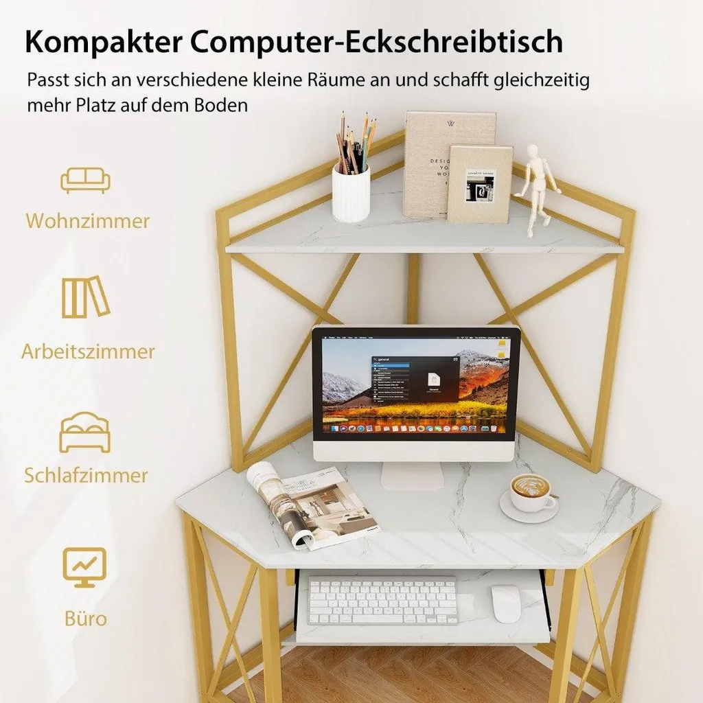 Bureau d'angle avec station de charge et support clavier blanc et or - 5