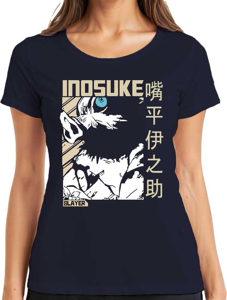 Inosuke Demon Slayer Wildschweinmaske Anime Fan Geschenk Japan Y2K Streetwear Damen T-Shirt, Navy, XXL
