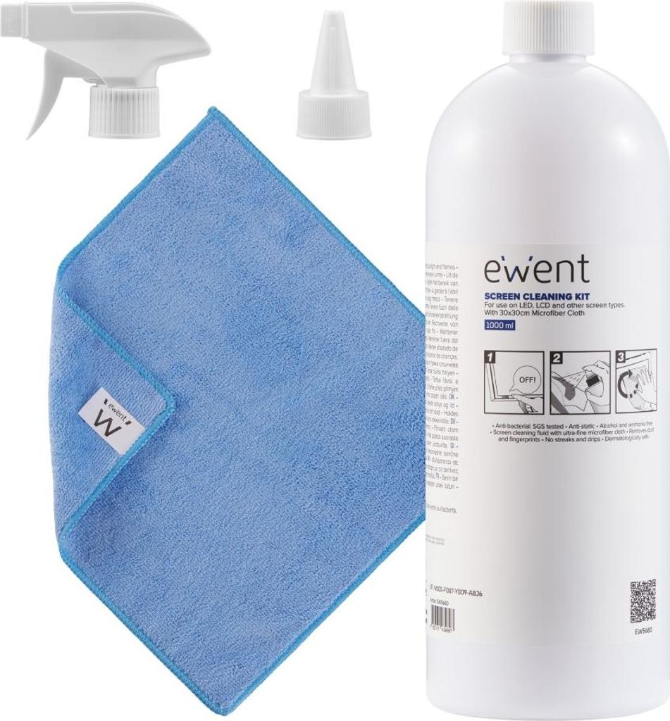 Ewent Bildschirmreinigungsset 1L + Mikrofasertuch 30x30cm Blau
