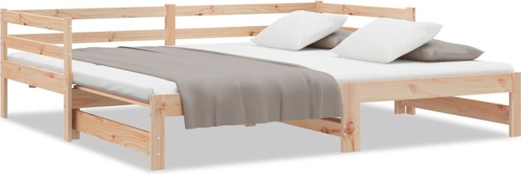 A wooden daybed with white mattresses and pillows.