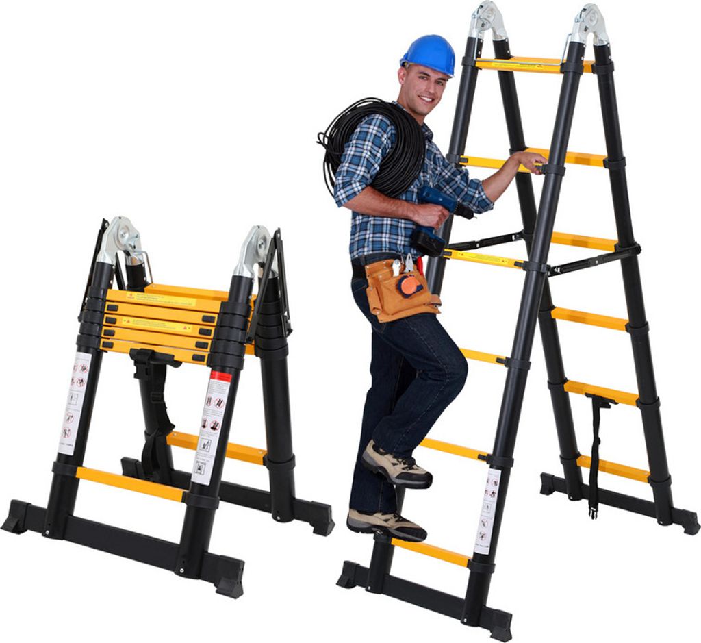 Teleskopleiter Ausziehleiter Klappleiter Stabil Aluminium Stehleiter 1,9m+1,9m gelblich schwarz ohne haken Mit Stabilisator