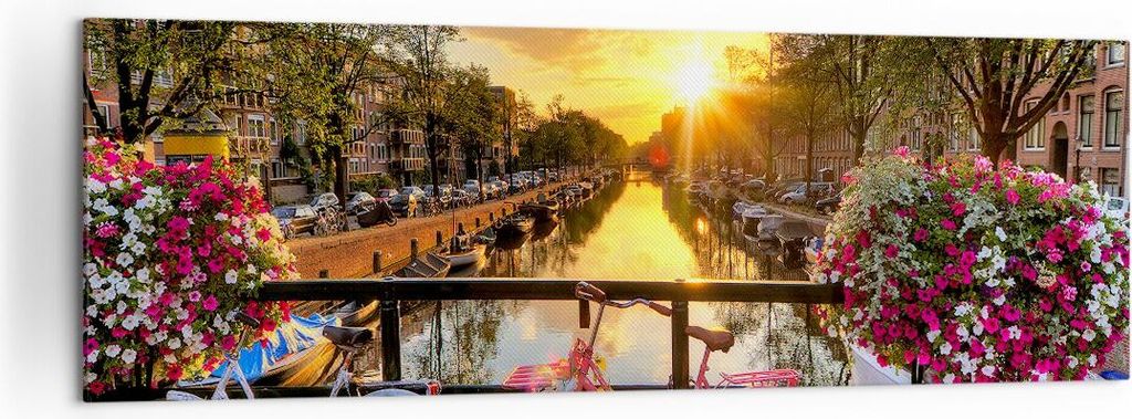 Bild auf Leinwand - Leinwandbild - Bikes Kanal Amsterdam Architektur - 160x50cm - Wand Bild - Wanddeko - Leinwanddruck - Bilder - Kunstdruck - Lein...