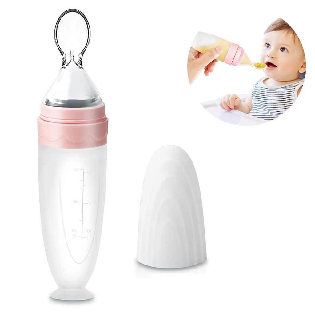 Baby Silikon Squeeze Babyflasche Mit Löffel Lebensmittel Reis Müsli Feeder 90ML 