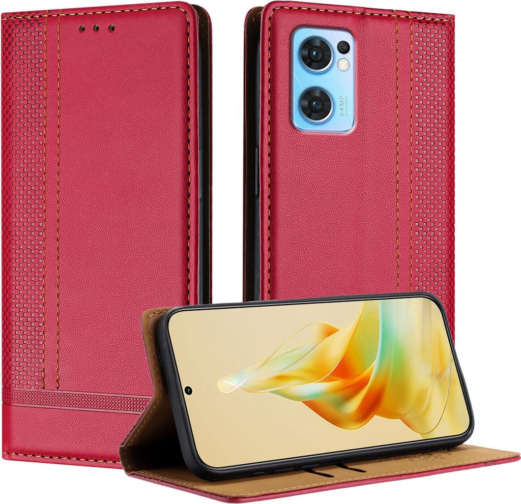 Handyhülle für OPPO Find X5 Lite Leder Flip Klappbare Schutzhülle mit Standfunktion Rot