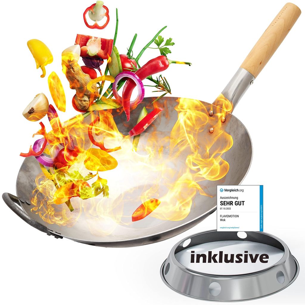 Wok Pfanne inkl. Wokring - Geeignet als Wokpfanne Induktion sowie für den Grill und Gasherd - Wok Pfanne aus robusten Kohlenstoffstahl - Woks & Wo...