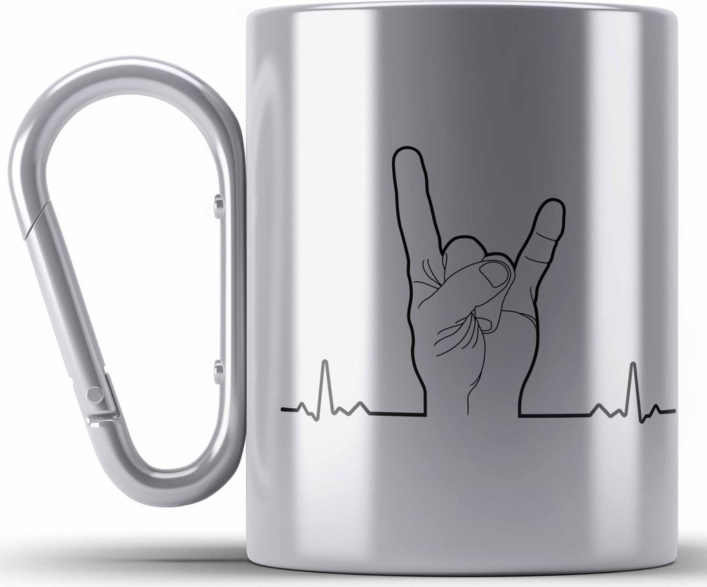 Trendation - Heavy Metal Geschenk Männer Lustig Edelstahl Tasse Karabiner Herzschlag Rock Death Metal Geschenkidee Musik (Silber)