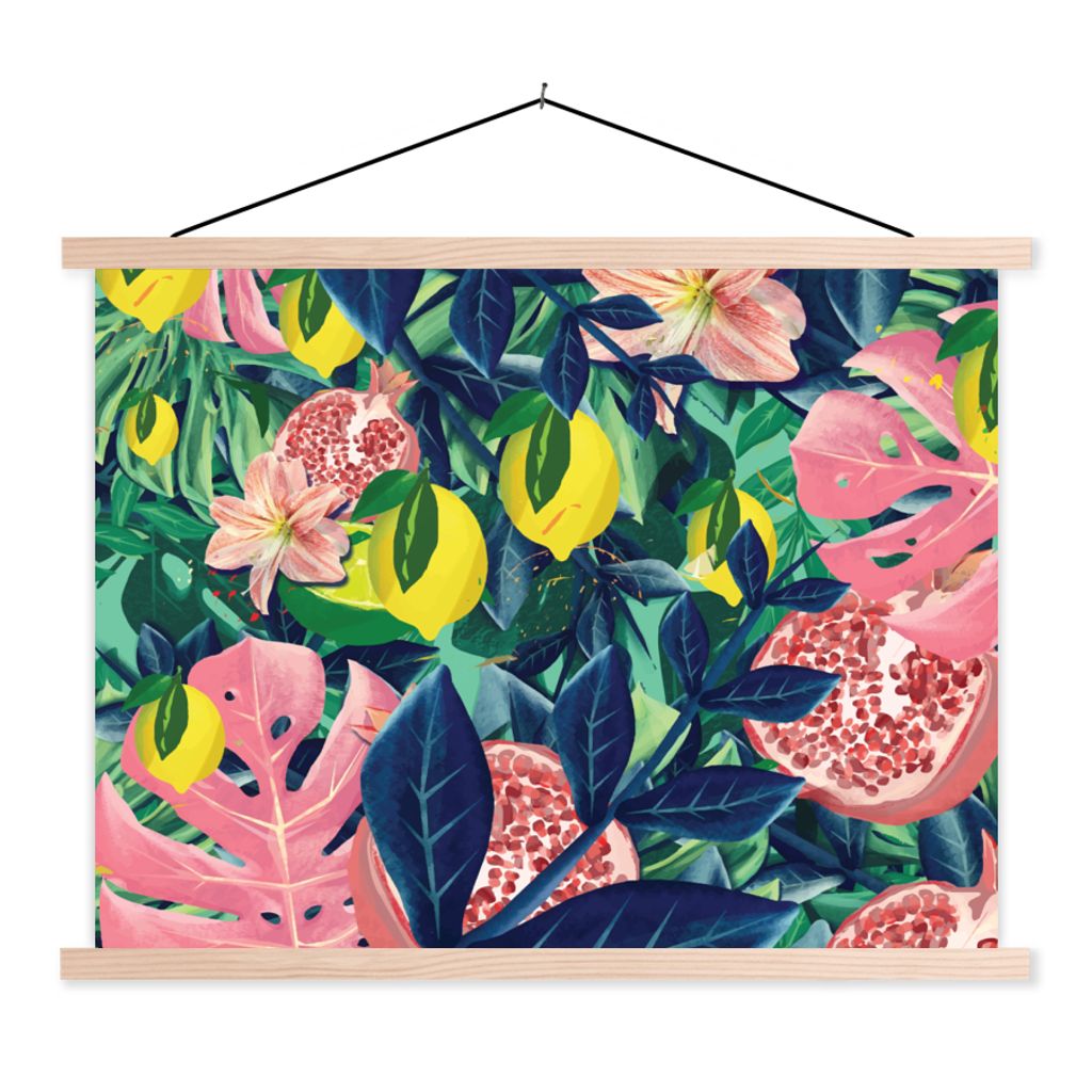 MuchoWow Textilposter Blumen - Früchte - Farben 120x90 cm mit holzfarbenen Rahmen - Magnetisch
