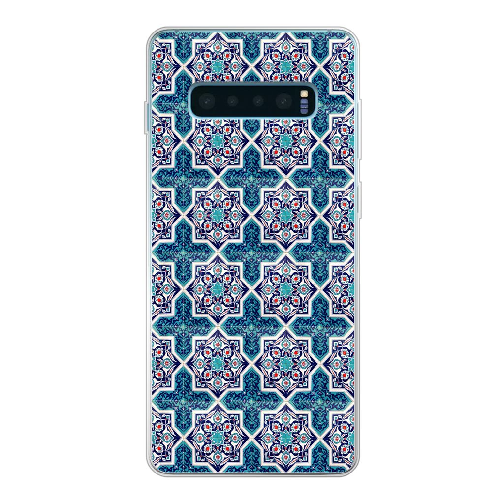 MuchoWow Handyhülle Schutzhülle Hülle für Samsung Galaxy S10 Plus Ein marokkanisches Mosaikfliesenmuster, bei dem hauptsächlich die Farbe Bl...