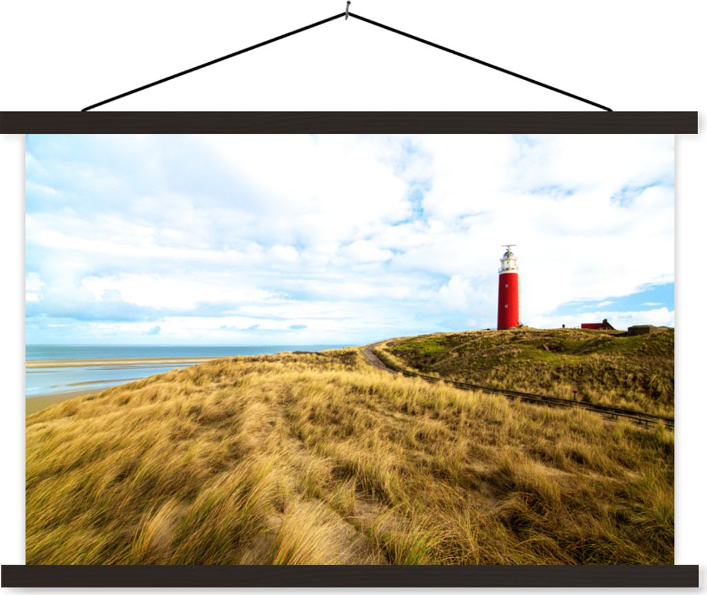 MuchoWow Textilposter Strand - Leuchtturm - Düne 90x60 cm mit schwarzem Rahmen - Aufhängungssatz