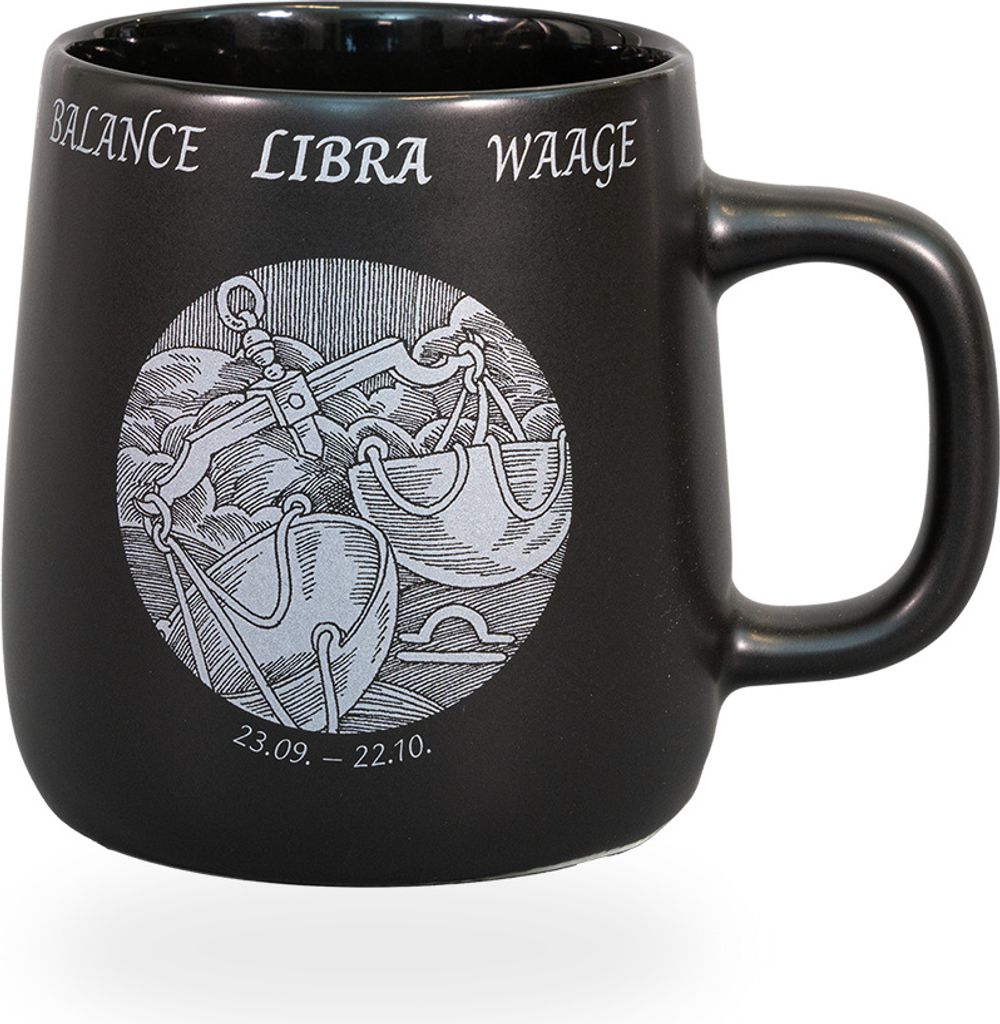 Könitz Kaffeetasse Sternzeichen Waage. Teetasse 395ml Bone China Porzellan. Design schwarz, vintage