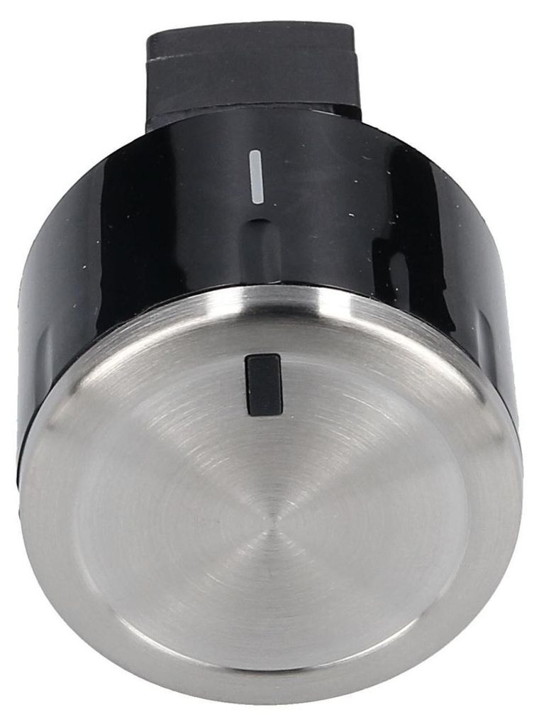 A close-up of a stove knob with a brushed metal face and a black plastic top section with a single white indicator line.