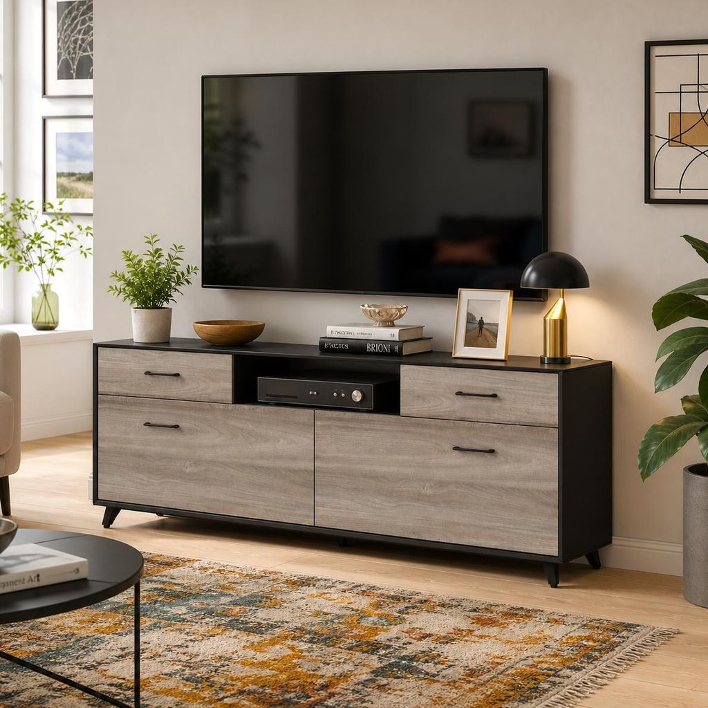 TV-Lowboard 160x40x68cm Schwarz & Grau Holzoptik, Produktbild 