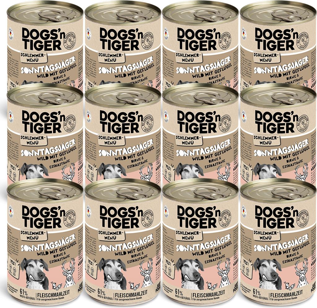 Dogs’n Tiger Adult Hundefutter, Sonntagsjäger, Hunde Nassfutter, Wild, Geflügel, Birne, Hirse & Karotte, 12x400g