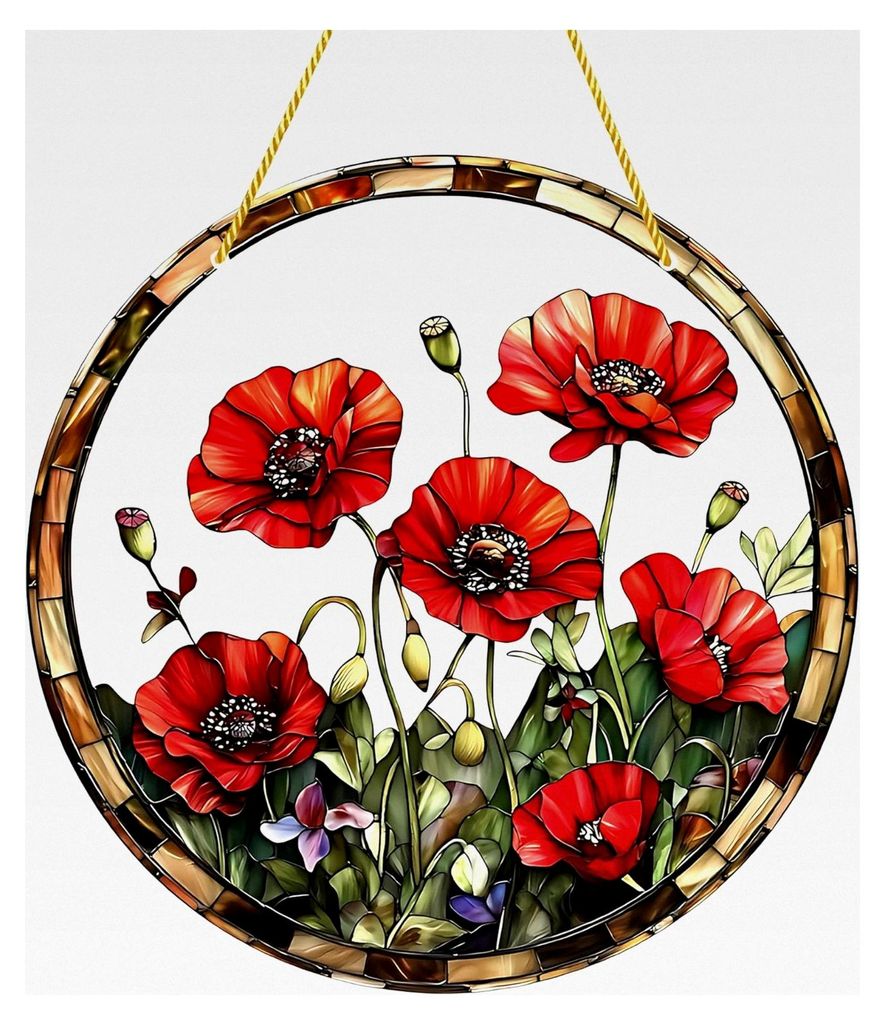 Eleganter großer roter Blumen-Acrylfensterbehang, dekorativer Buntglasfenster-Sonnenfänger mit hängendem Ornament aus runder Acrylplatte, kreati...