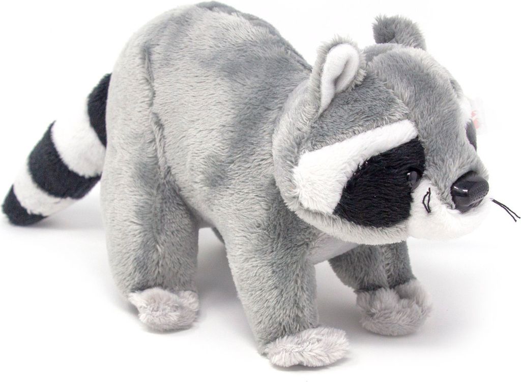 A plush toy raccoon is shown against a white background.