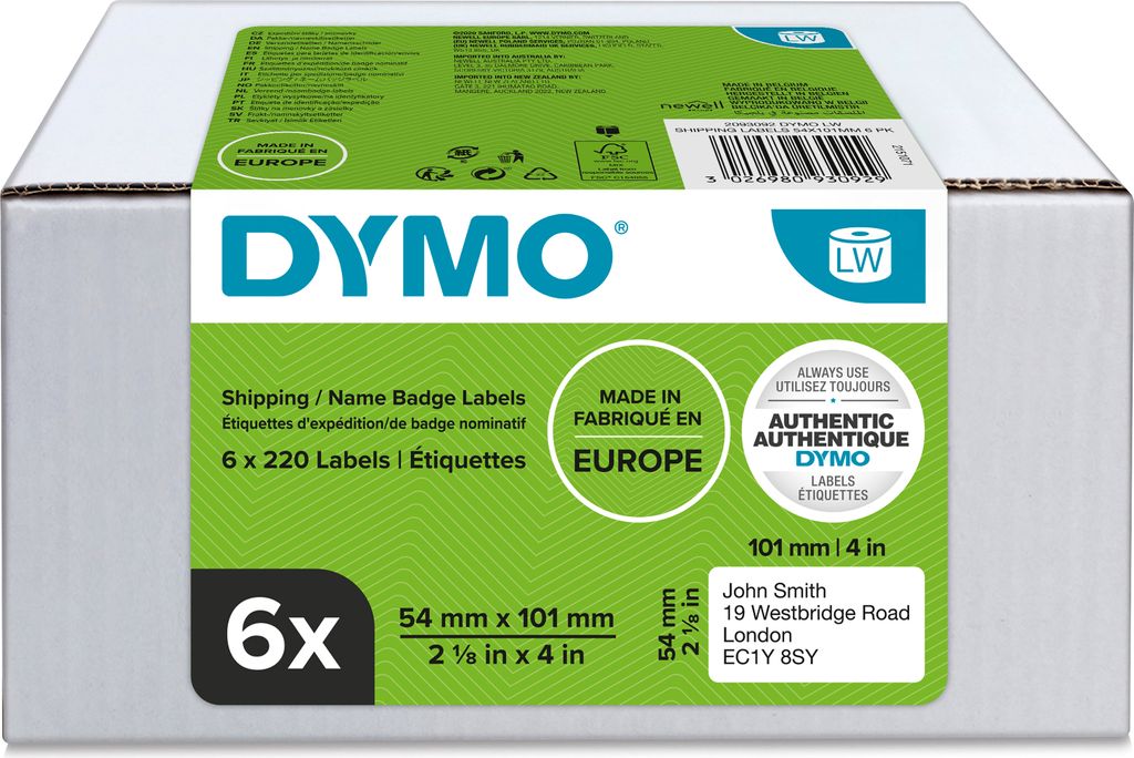 DYMO Original LabelWriter Versandetiketten/-Namensschilder (groß) | 54 mm x 101 mm | 6 Rollen mit je 220 leicht ablösbaren Etiketten (1.320 Etike...