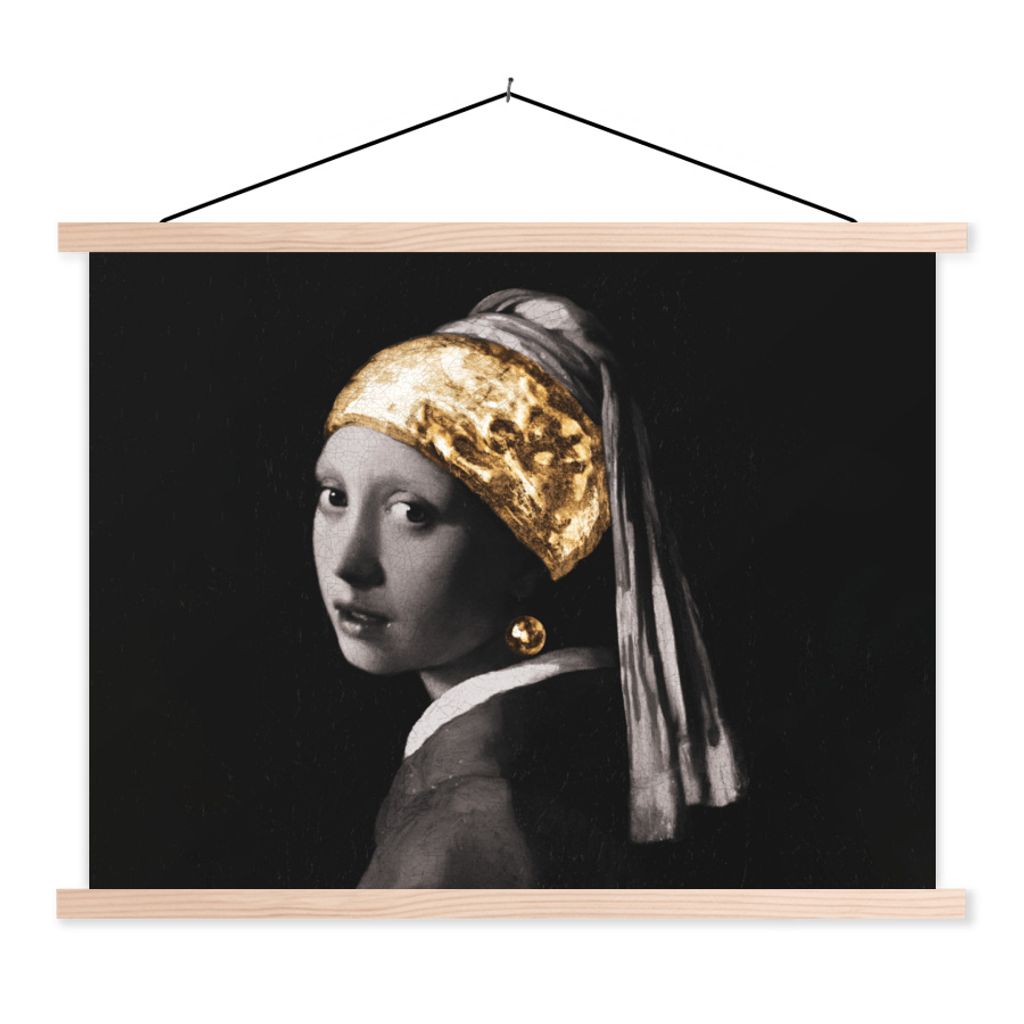 MuchoWow Textilposter Mädchen mit Perlenohrring - Vermeer - Schwarz - Weiß - Gold 120x90 cm mit holzfarbenen Rahmen - Magnetisch