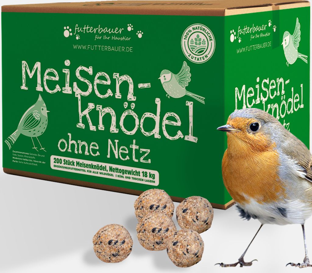 A box of bird food with a robin in the foreground.
