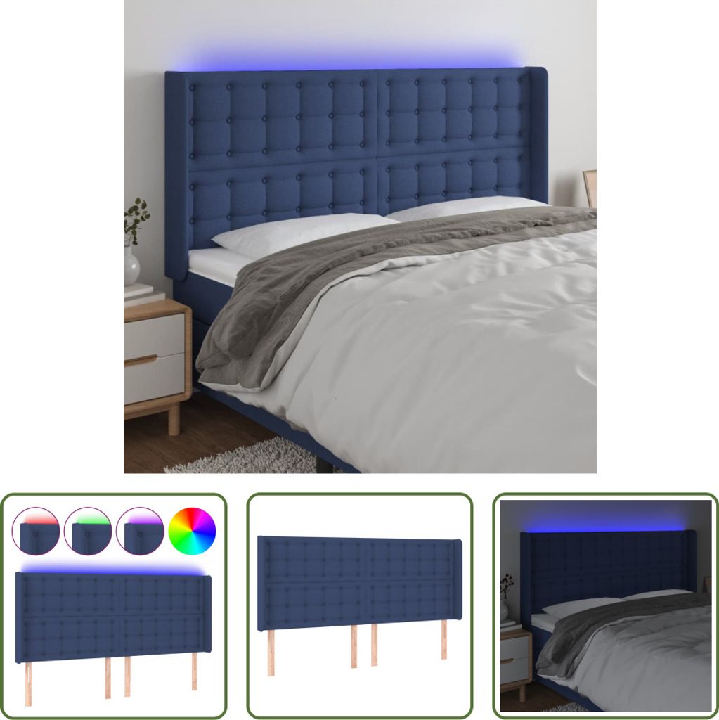 The Living Store LED Kopfteil Blau 163x16x118/128 cm Stoff