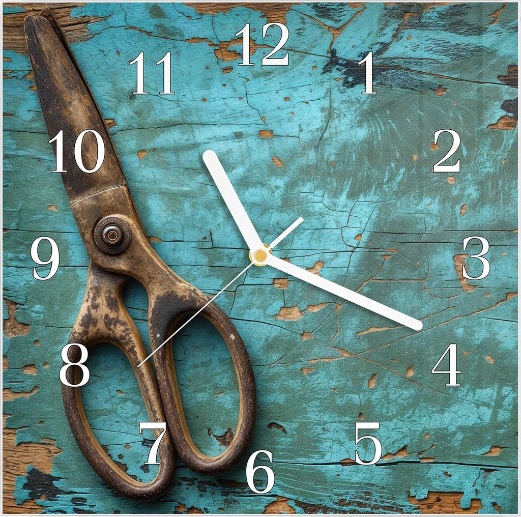 Wanduhr aus Glas mit Motiv Alte Schereauf Holz- 30 x 30 cm - inkl. Aufhängesystem
