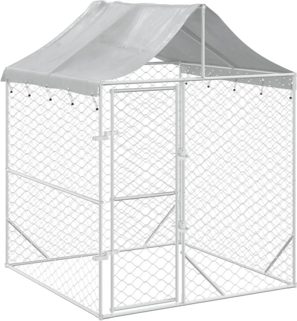Enclos extérieur pour chien 2x2m avec bâche de protection en acier gris