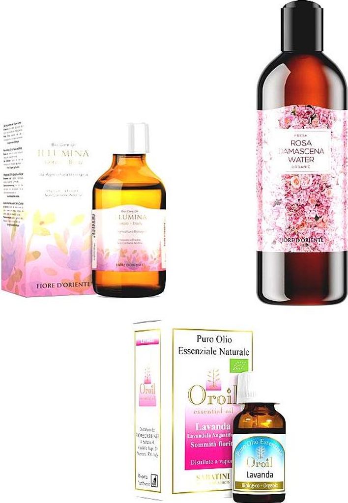Fiore dOriente - Wellness Set Naturkosmetik - Massageöl Gesicht Körper 100 ml - Rosenwasser 200 ml - Bio Lavendelöl