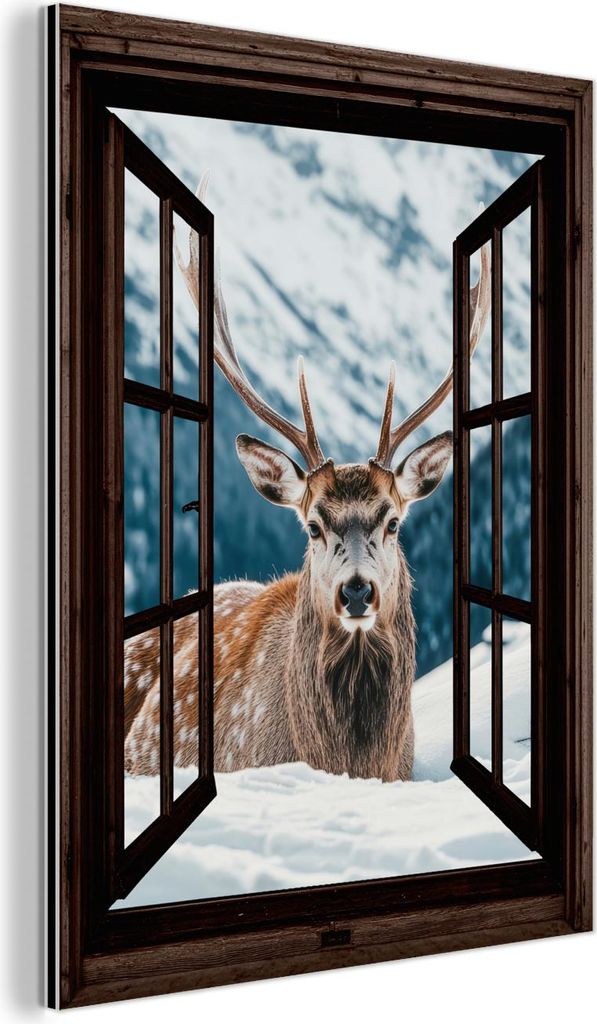 MuchoWow Wanddekoration Metall Metallbild Wandkunst 60x80 cm Hirsche - Landschaft - Winter - Natur - Tiere - Ansichten - Berge MuchoWow Aluminium G...