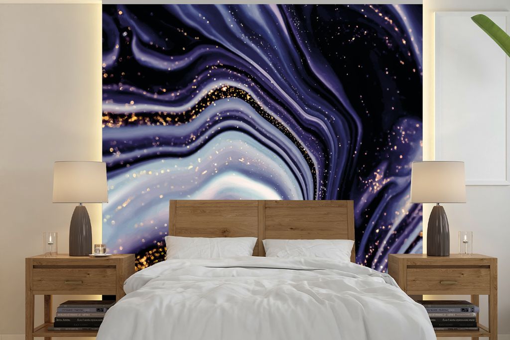 MuchoWow Fototapete für Wohnzimmer oder Schlafzimmer Wandtapete Vinyl Motivtapete Marmor - Lila - Luxus - Marmoroptik - Glitzer - 280x280 cm - H...