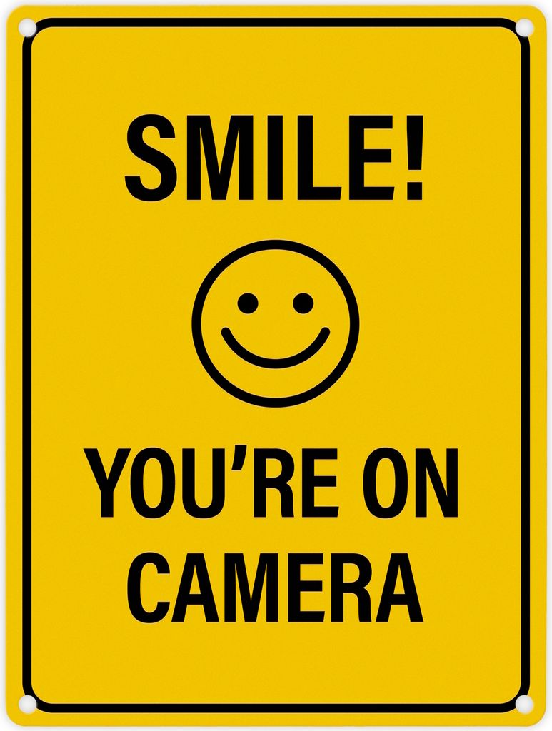 Smile you're on camera Metallschild mit lachendem Gesicht Kamera filmen lachen