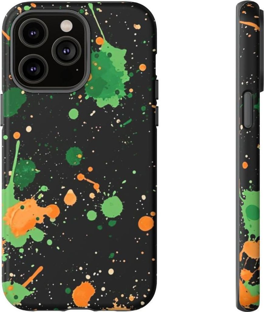 Grüne und orange Farbspritzer auf Schwarz – Hülle Kompatibel mit iPhone 14 Pro Max