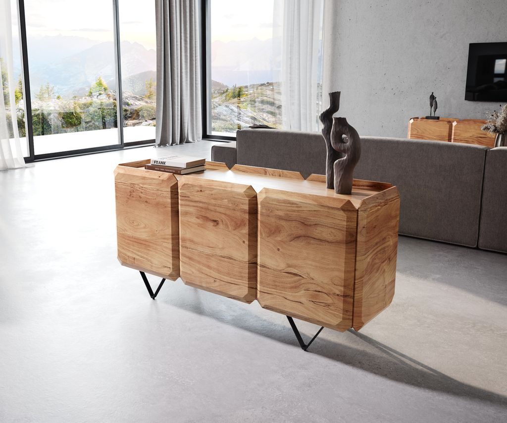 DELIFE Sideboard Kiano 145 cm Akazie Natur 3 Türen V-Fuß Schwarz Raumteiler