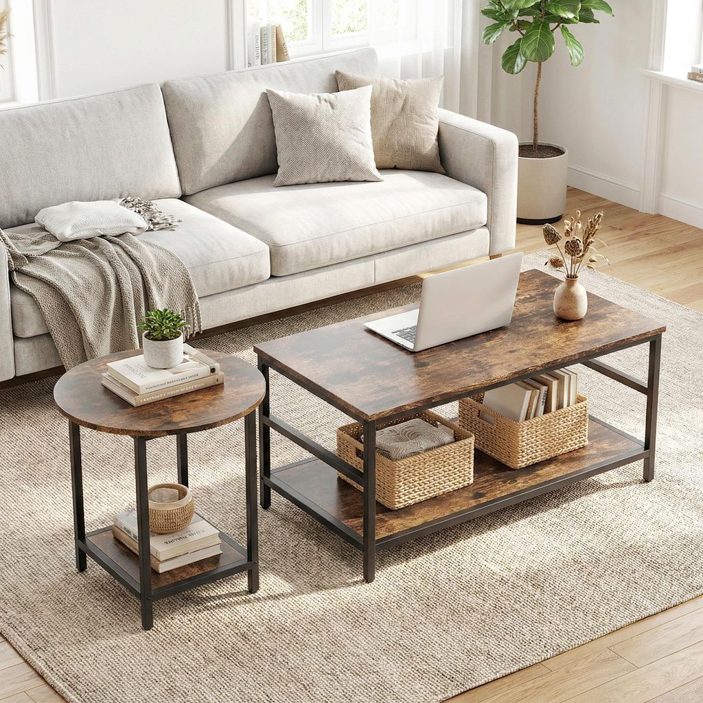 Couchtisch Set 2-teilig, Wohnzimmertisch rechteckig und rund, Stahl Spanplatte, Rustikal-Braun | 80x54x41 cm | 2-stufiger Stauraum | 16,5 kg