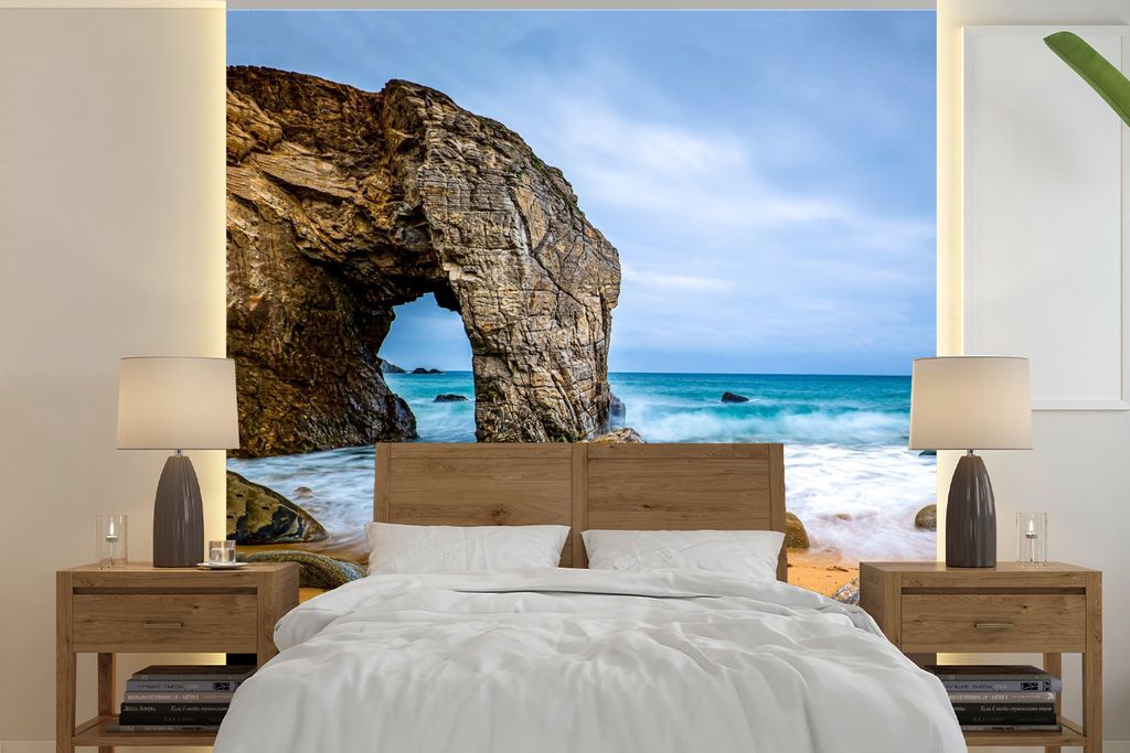 MuchoWow Fototapete für Wohnzimmer oder Schlafzimmer Wandtapete Vinyl Motivtapete Steine - Wasser - Strand - Felsen - Wellen - 280x280 cm - Hint...