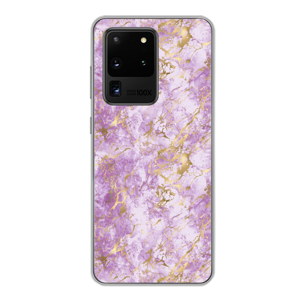 MuchoWow Handyhülle Schutzhülle Hülle für Samsung Galaxy S20 Ultra Gold - Marmor - Muster - Lila Silikon Softcase Handy Hülle - Karteninhaber