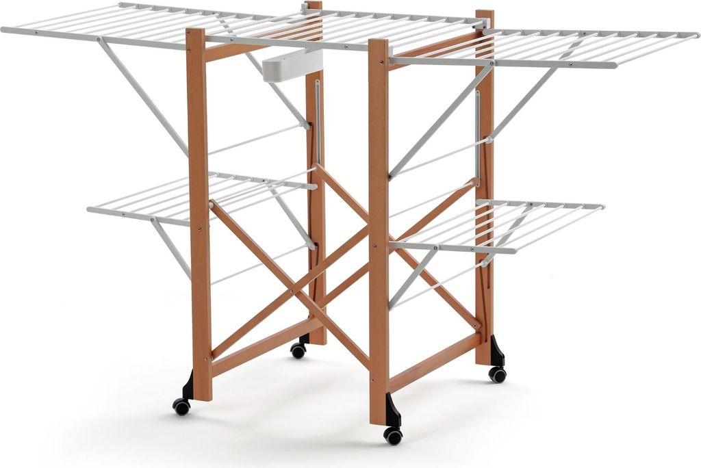 A multi-tiered drying rack with wooden frame and white metal drying rods, shown against a white background.