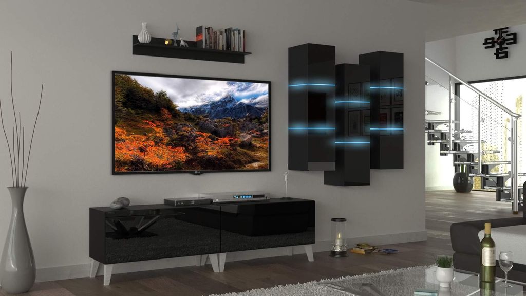 Furnitech Wohnwand Wohnzimmer - Wohnzimmer Möbel mit LED Weiß - Hängend Wohnwand Modern - Regale und TV Schrank (Heaven ANK45-18HG-B1 1A mit Fü...