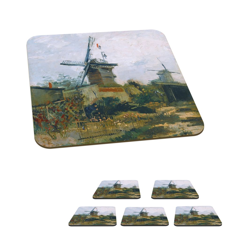 KitchenYeah Glasuntersetzer Quadratisch 6er Set Windmühlen auf dem Montmartre - Gemälde von Vincent van Gogh 10x10 cm Untersetzer für Gläser ...