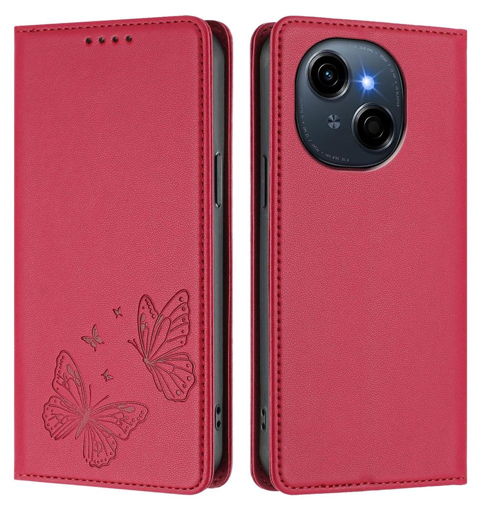 Lederhülle für Tecno Spark Go 1 /Go 1S/Pop 9 4G, Schmetterling Prägung Leder Brieftasche Schutzhülle mit Ständer Rot