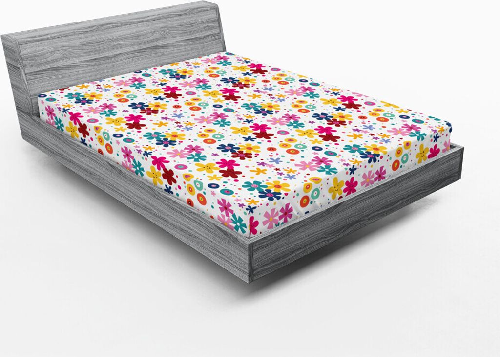 ABAKUHAUS Blumen Spannbetttuch, Bunte Blumenanordnung mit lächelnden Gesichts-Punkten und Kreisen abstrakte Zusammensetzung, 150 x 190 cm, Mehrfarbig
