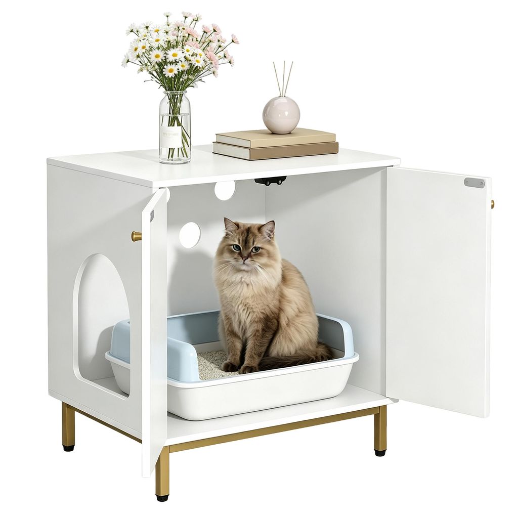 Katzenschrank, 60 cm Katzenklo Schrank, Weiß und Gold | Produktbild 