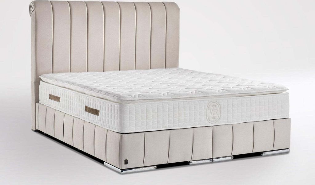 W. ROYAL Boxspringbett 180 x 200 cm Nevada Jr. Designerbett mit Bettkasten LED-Füße XXL Kopfteil inkl. Topper & Matratze Komplet Set Beige Samt