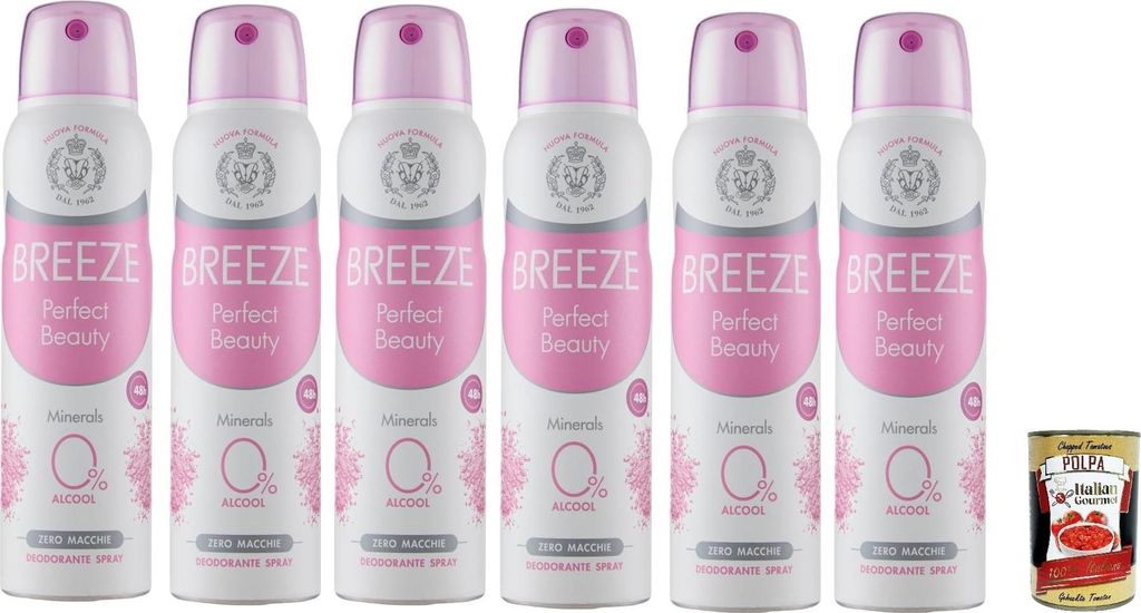 BREEZE Deodorante Spray Perfect Beauty - Deodorant-Spray Keine Flecken auf der Haut, 0% Aluminiumsalze 6x 150ml + Italian Gourmet polpa 400g
