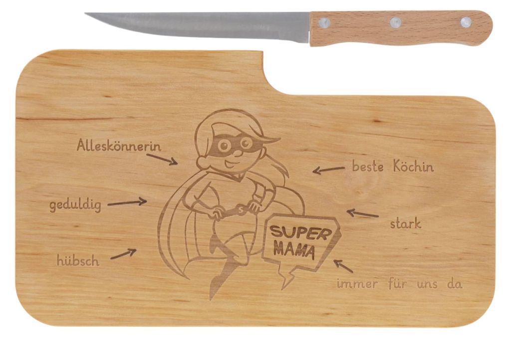 Holzbrett mit Gravur „Supermom“ und Messer | 26 x 15 cm | Frühstücksbrett, Schneidebrett, Snackbrett aus Holz | Muttertagsgeschenk, Geschenk ...