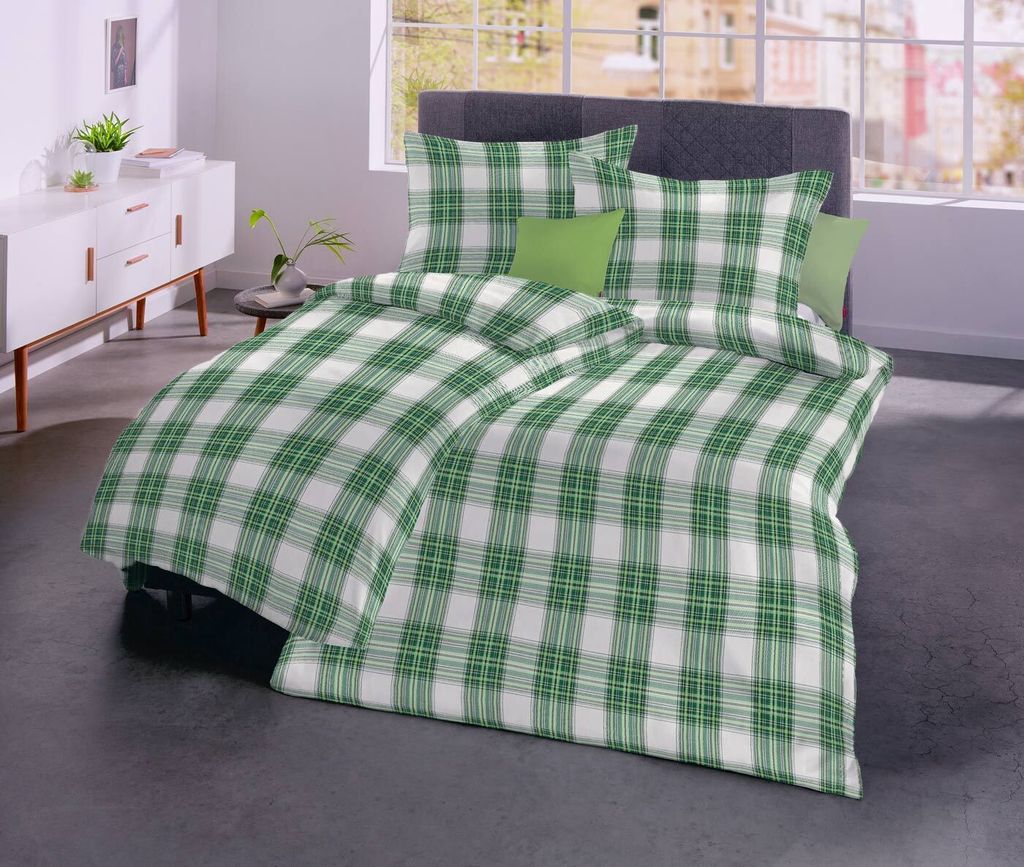 Fleuresse Lech Edelflanell Bettwäsche 240x220 Karo grün weiß 604263-05