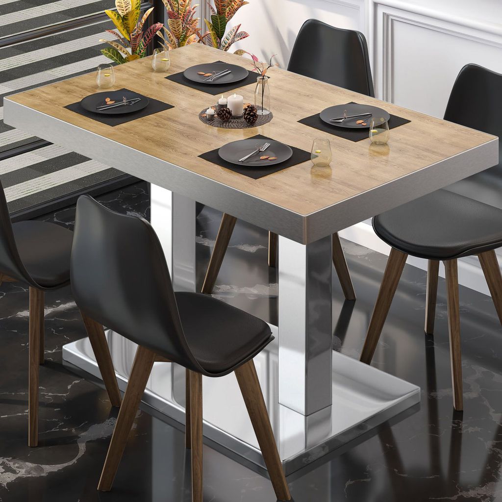 BM | Bistrotisch | B:T:H 110 x 60 x 77 cm | Eiche / Edelstahl | Rechteckig | Edelstahl Rand | Bistro Tisch Esstisch