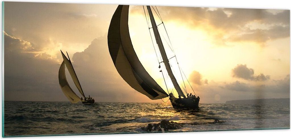 Bilder auf glas - Schiff Sonnenuntergang Sonne Landschaft - 100x40cm - Glasbilder - Wandbilder - Kunstdruck - Wanddekoration aus Glas - Glas Bilder...