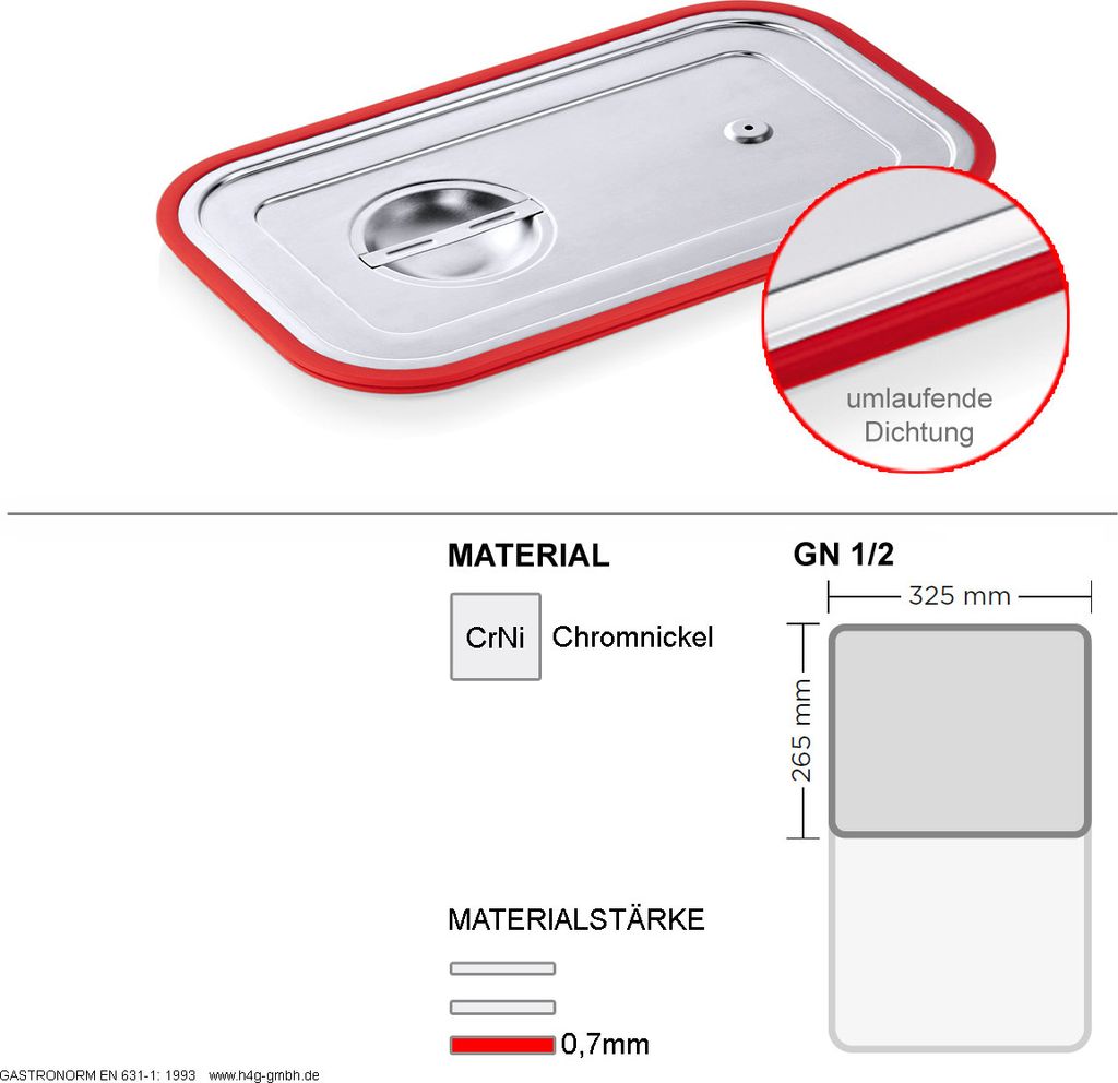 Product information image for a stainless steel food container lid, showing dimensions and material.