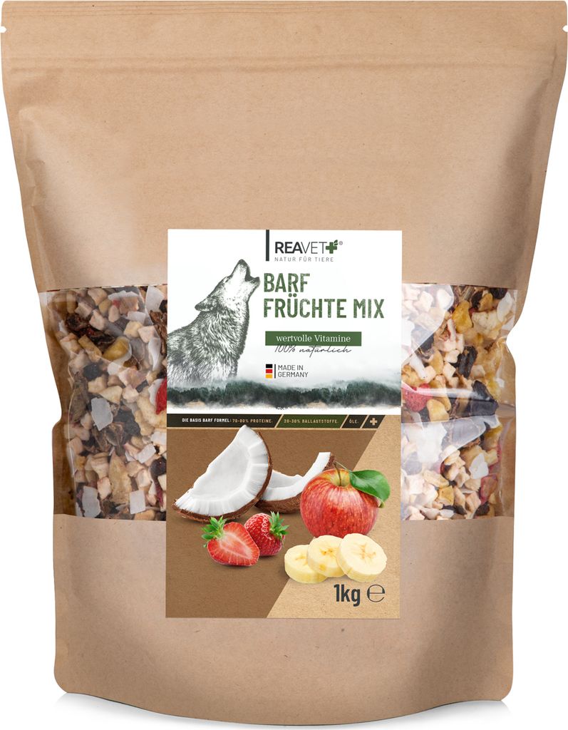 REAVET Barf Früchtemix 1kg, Obstflocken Hunde Getreidefrei & Glutenfrei, Barf Zusatz Hund, Hundeflocken, Barf Hundefutter, Flockenfutter Hund